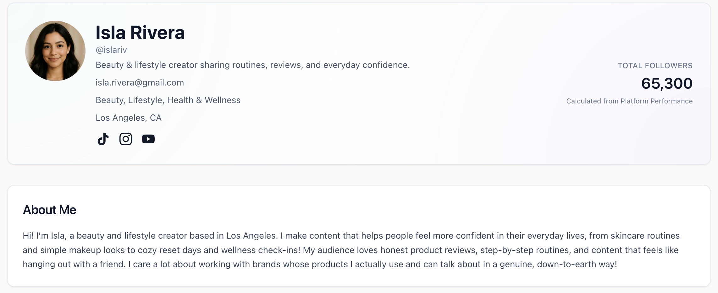Overview section of an InfluenceHub creator profile